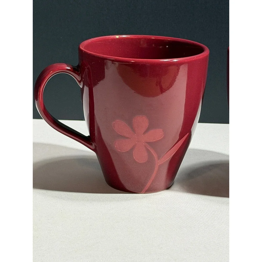 Pier 1 Red Floral Embossed Stoneware Coffee Mugs Set of 2 Deep Red Burgundy